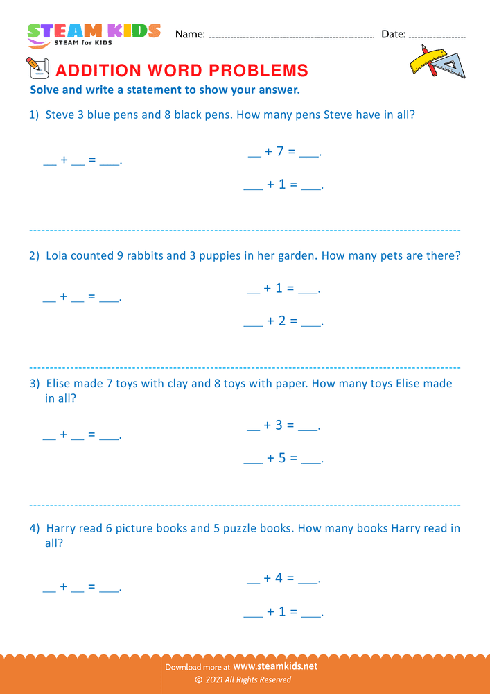 Free Math Worksheet - Problem solving questions - Worksheet 12