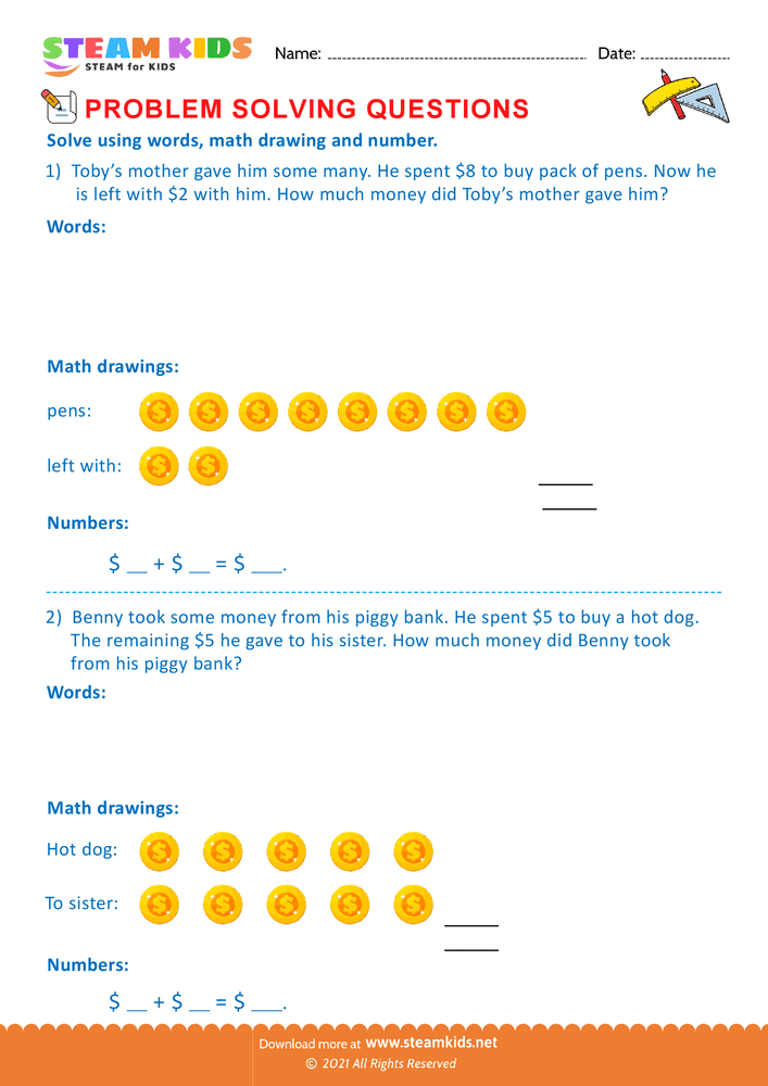 Free Math Worksheet - Problem solving questions - Worksheet 14