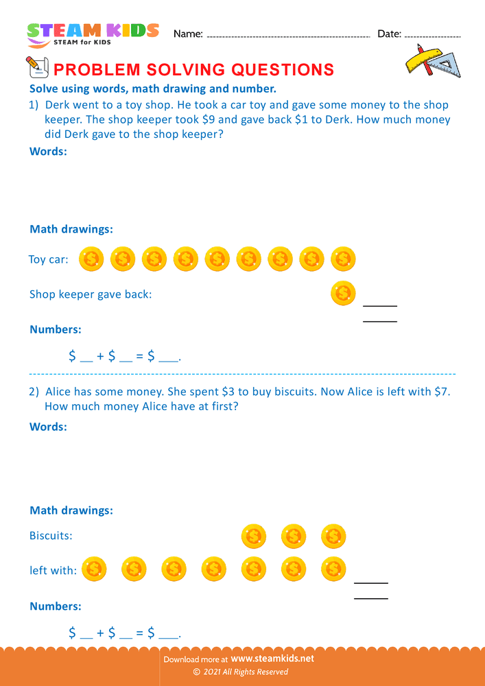 Free Math Worksheet - Problem solving questions - Worksheet 16