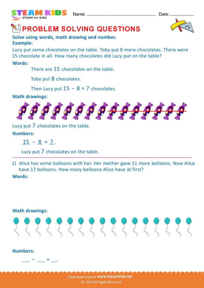 Free Math Worksheet - Problem solving questions - Worksheet 17