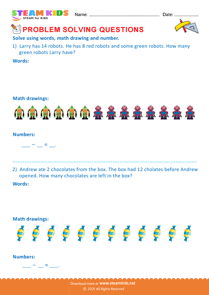 Free Math Worksheet - Problem solving questions - Worksheet 20