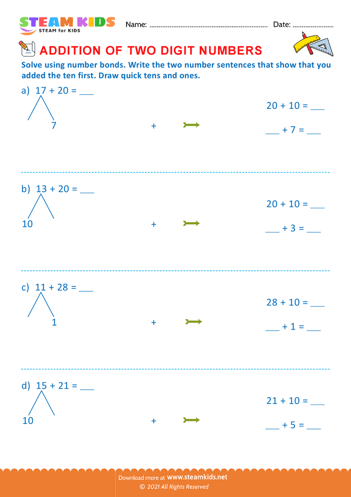 Free Math Worksheet - Addition of two digit numbers - Worksheet 1