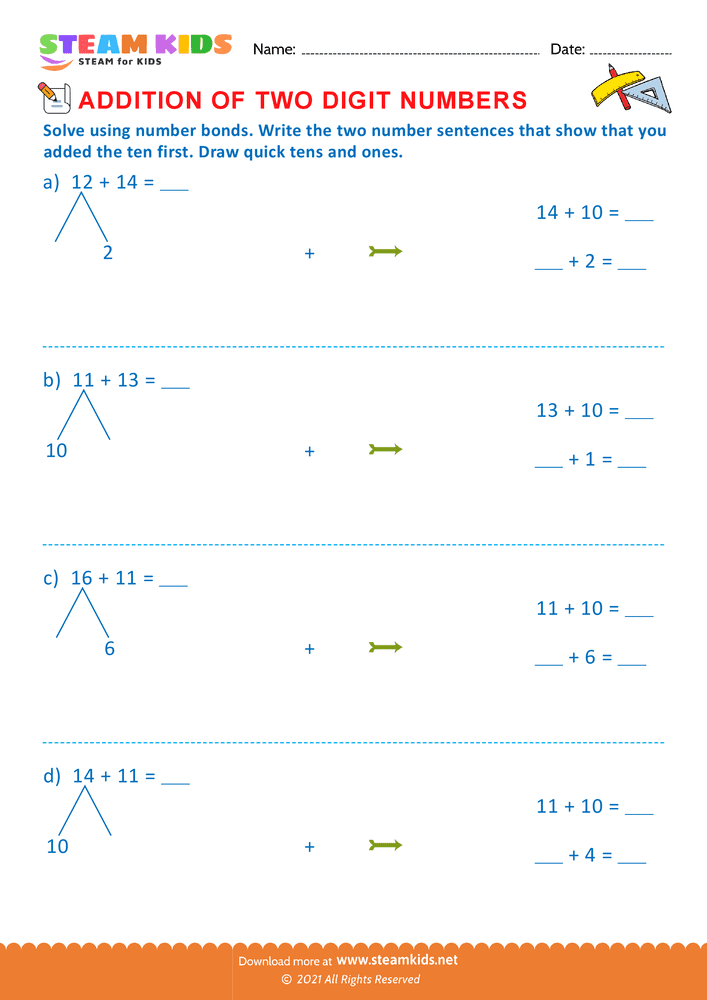 Free Math Worksheet - Addition of two digit numbers - Worksheet 2