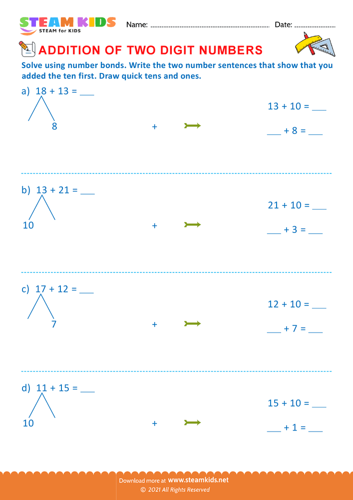 Free Math Worksheet - Addition of two digit numbers - Worksheet 3