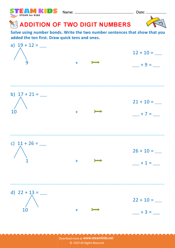 Free Math Worksheet - Addition of two digit numbers - Worksheet 5