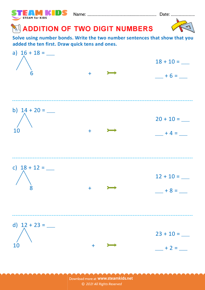 Free Math Worksheet - Addition of two digit numbers - Worksheet 6