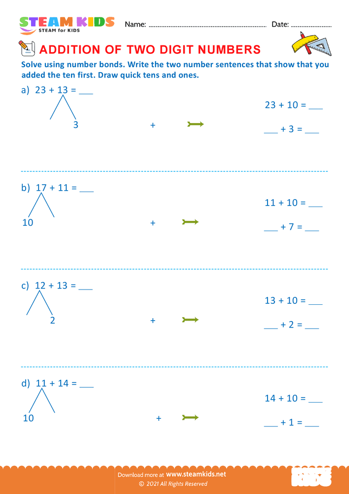 Free Math Worksheet - Addition of two digit numbers - Worksheet 7