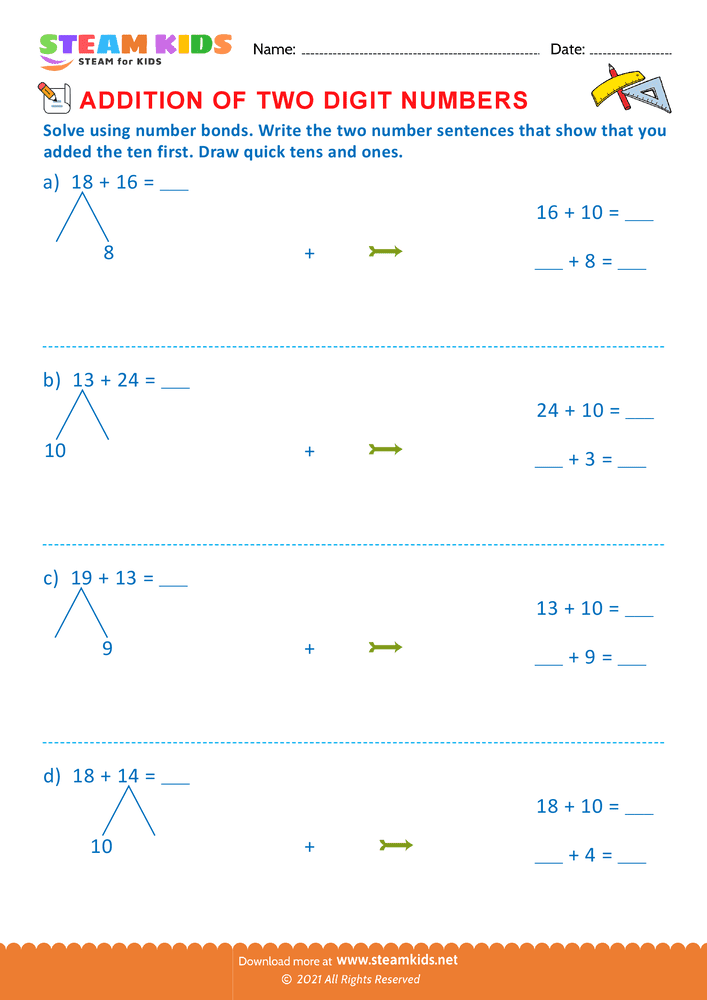 Free Math Worksheet - Addition of two digit numbers - Worksheet 9