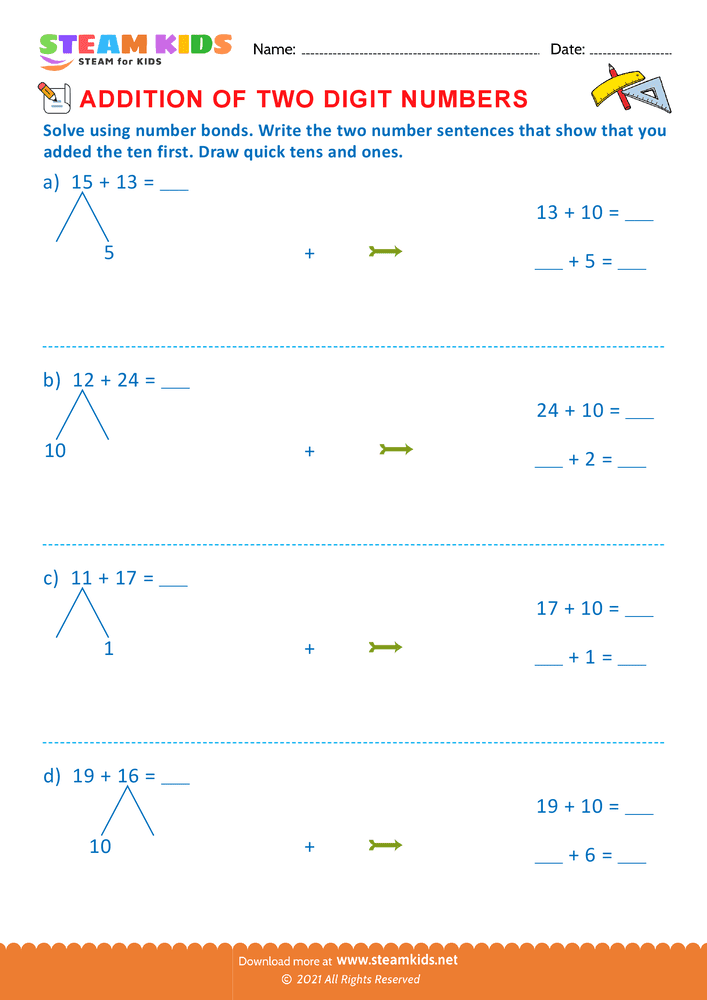 Free Math Worksheet - Addition of two digit numbers - Worksheet 12