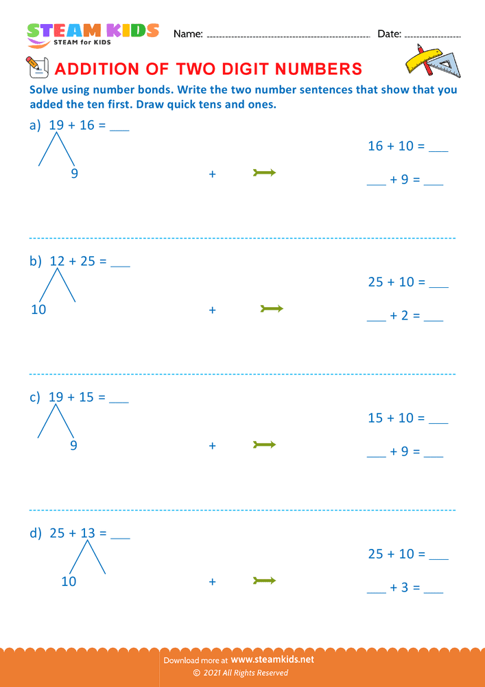 Free Math Worksheet - Addition of two digit numbers - Worksheet 13
