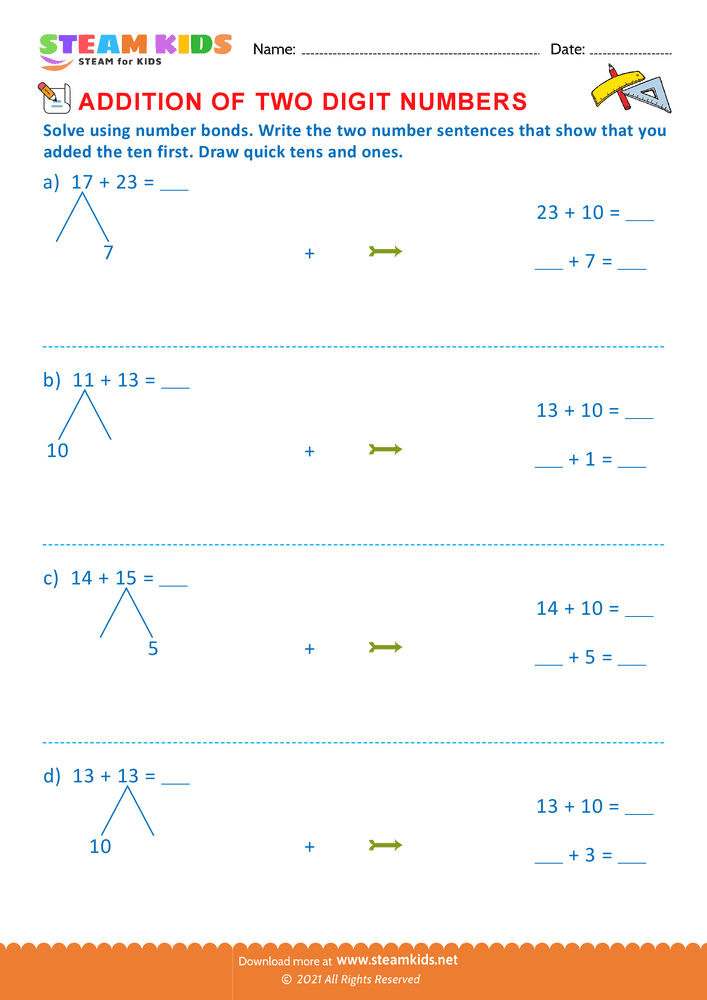Free Math Worksheet - Addition of two digit numbers - Worksheet 14
