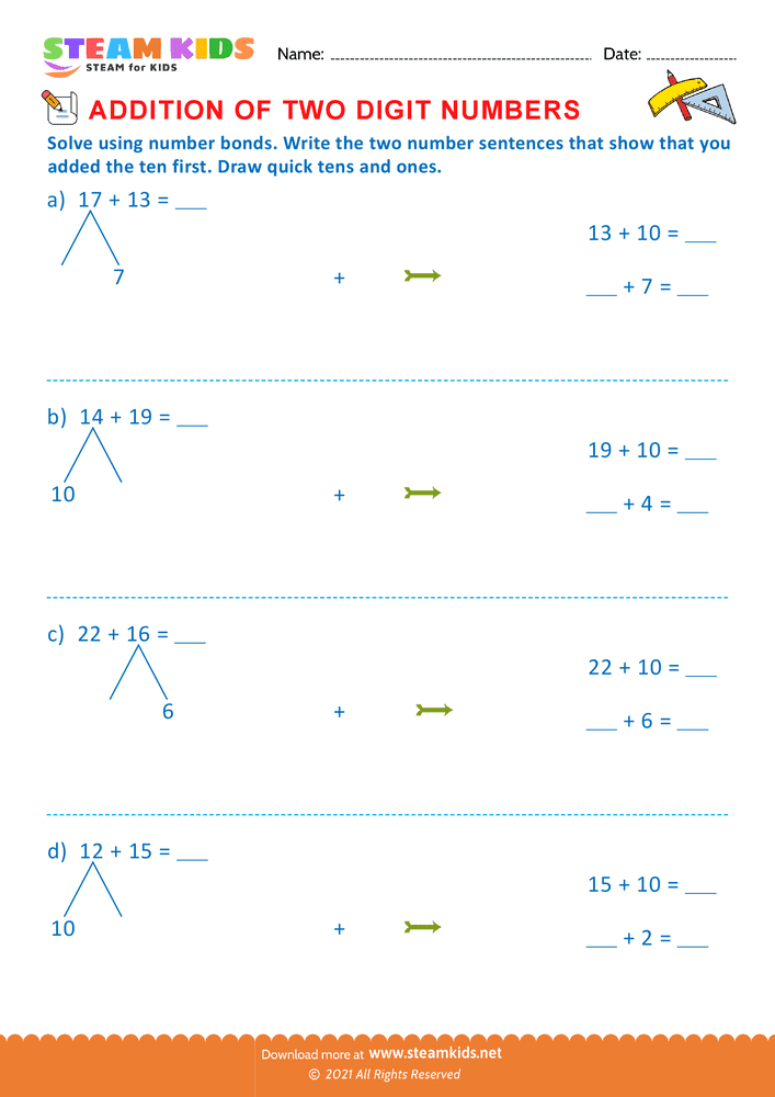 Free Math Worksheet - Addition of two digit numbers - Worksheet 16