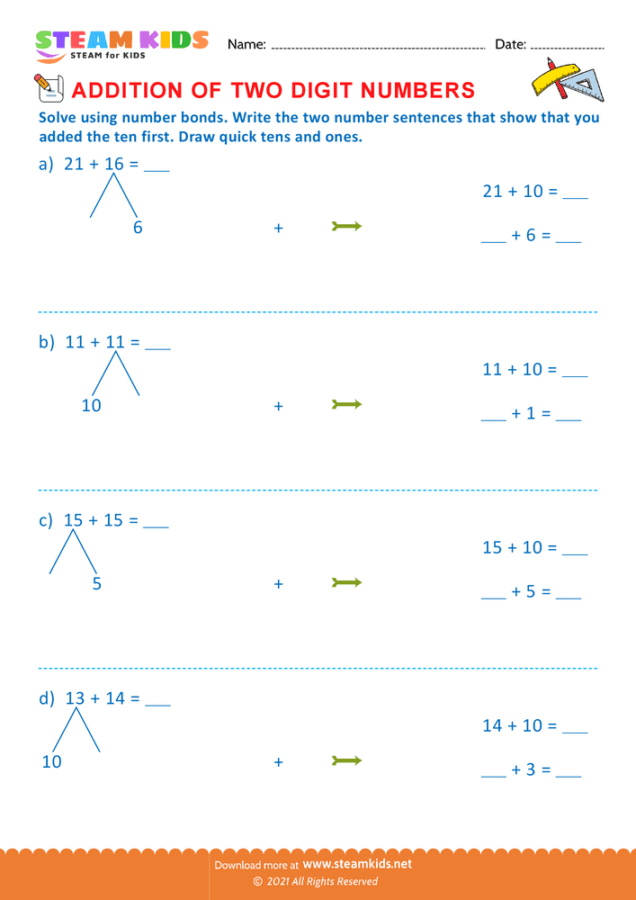 Free Math Worksheet - Addition of two digit numbers - Worksheet 17
