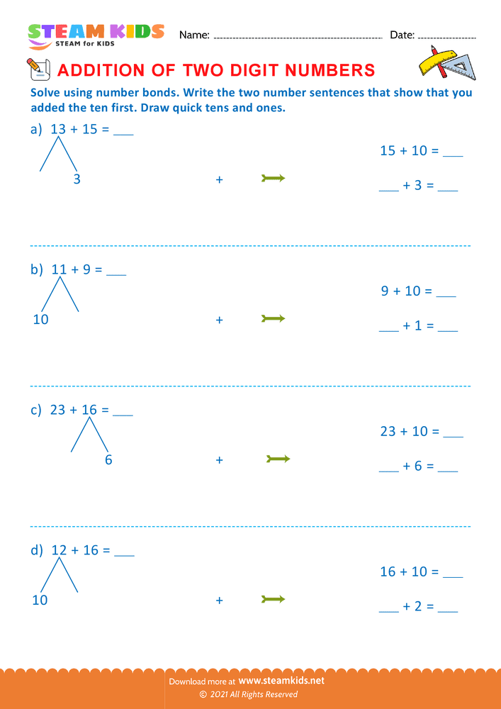 Free Math Worksheet - Addition of two digit numbers - Worksheet 20