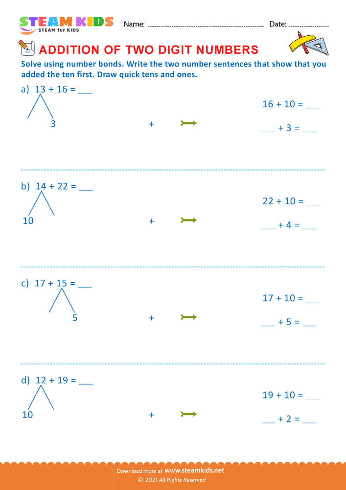 Free Math Worksheet - Addition of two digit numbers - Worksheet 21