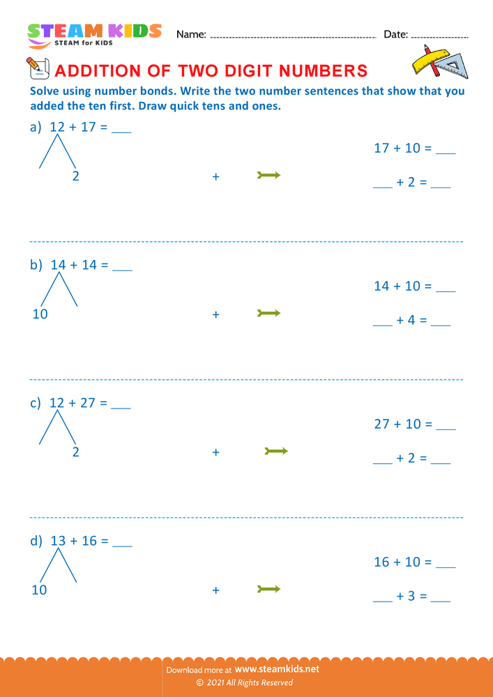 Free Math Worksheet - Addition of two digit numbers - Worksheet 23
