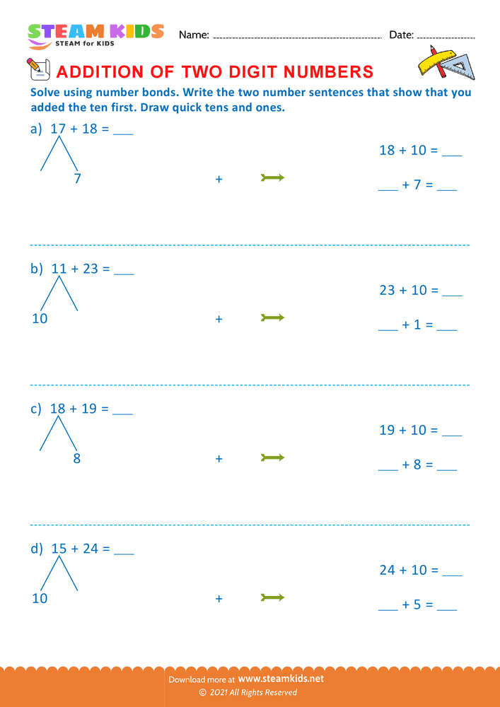 Free Math Worksheet - Addition of two digit numbers - Worksheet 24