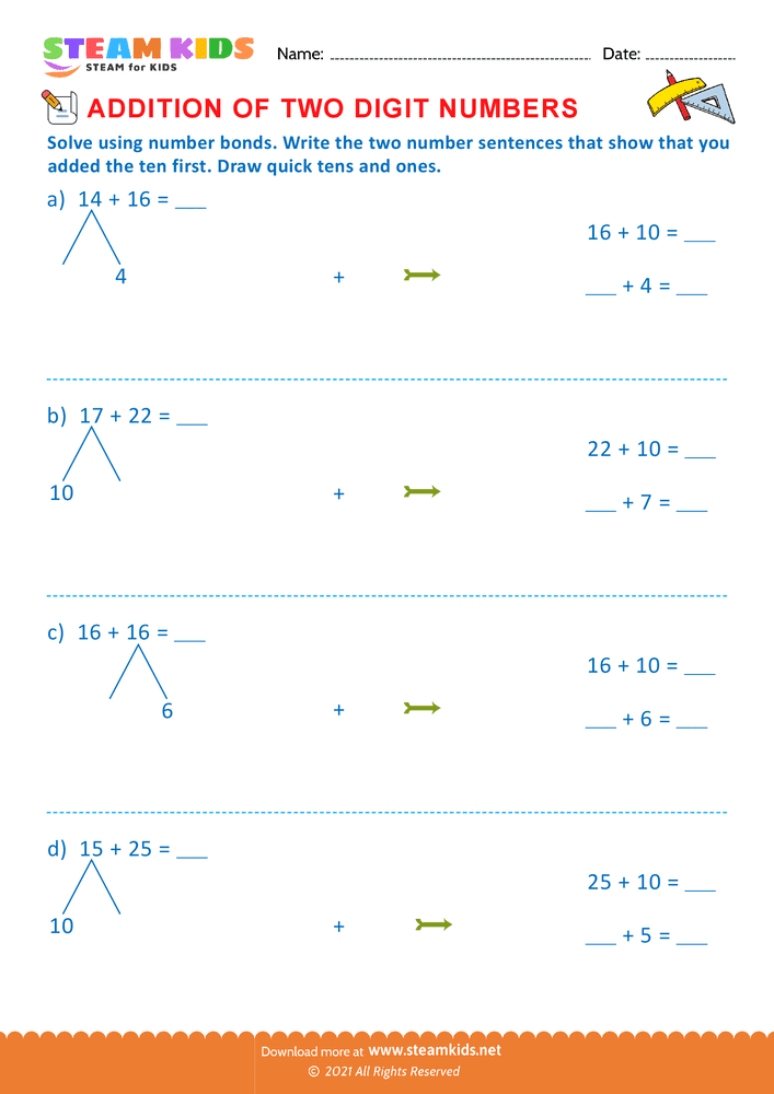 Free Math Worksheet - Addition of two digit numbers - Worksheet 25