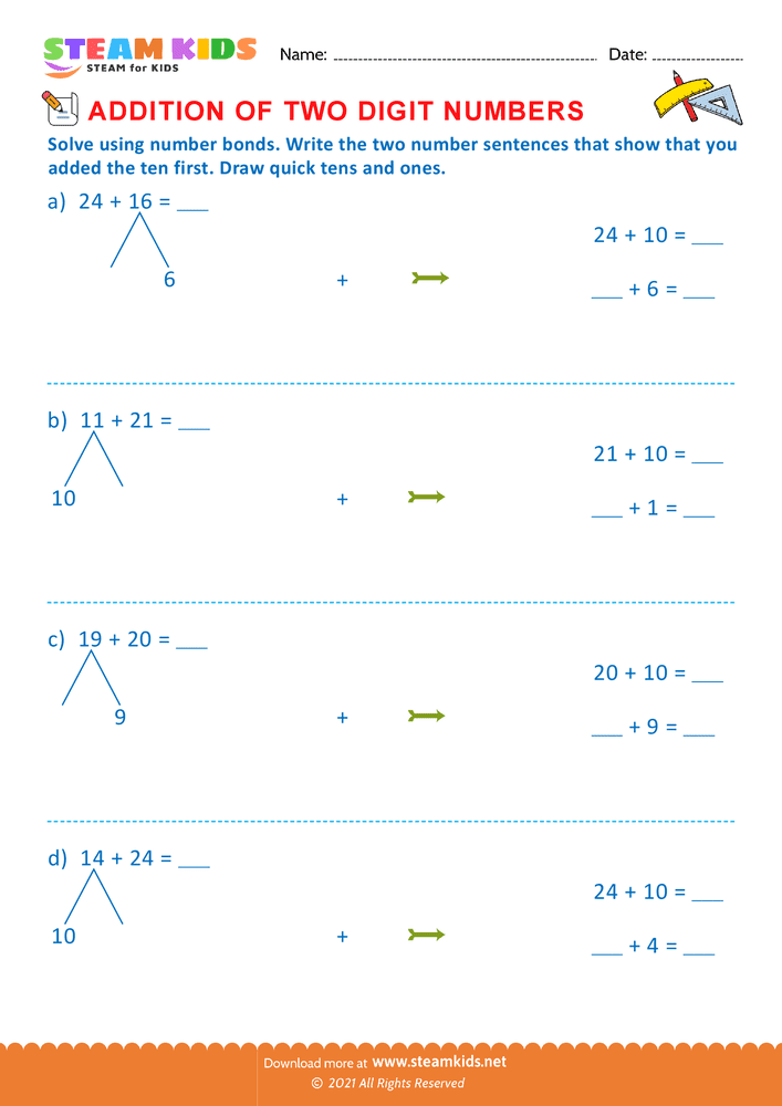 Free Math Worksheet - Addition of two digit numbers - Worksheet 26