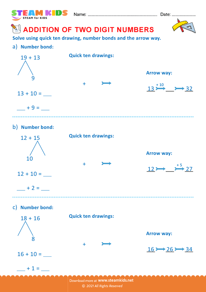 Free Math Worksheet - Addition of two digit numbers - Worksheet 31