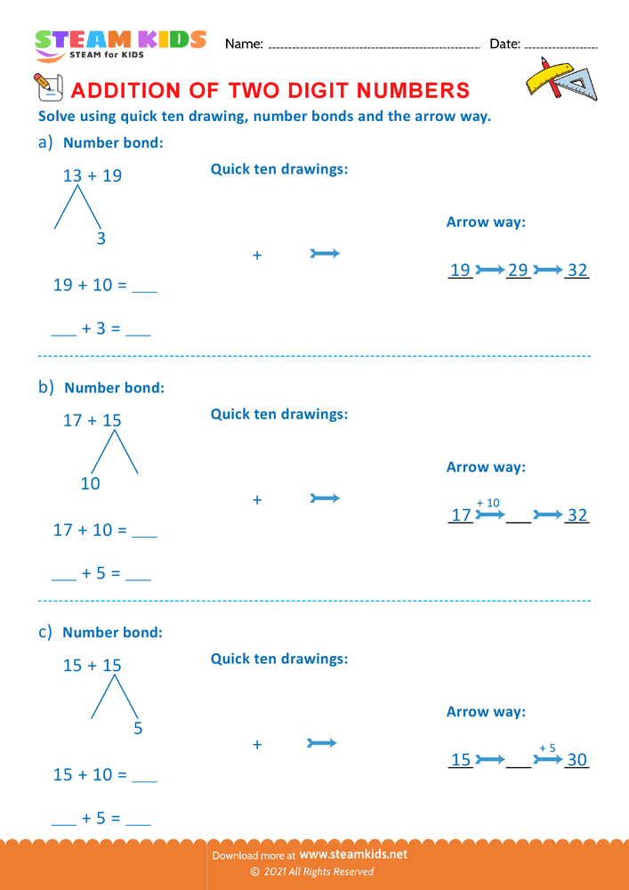 Free Math Worksheet - Addition of two digit numbers - Worksheet 32