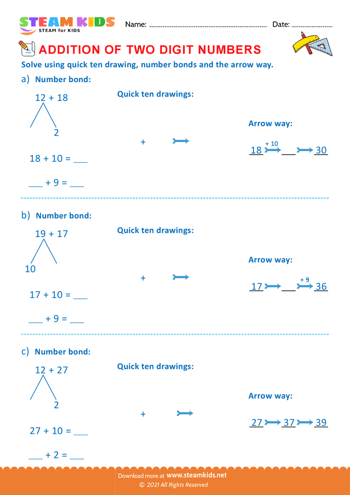 Free Math Worksheet - Addition of two digit numbers - Worksheet 33
