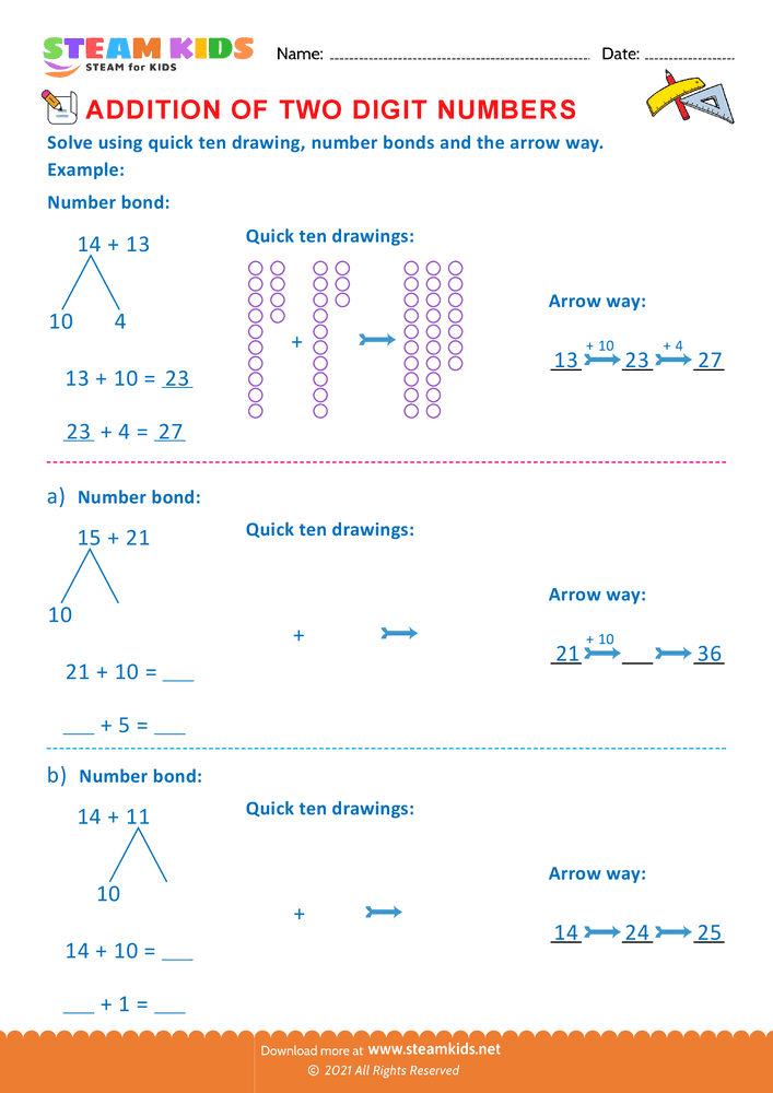Free Math Worksheet - Addition of two digit numbers - Worksheet 34