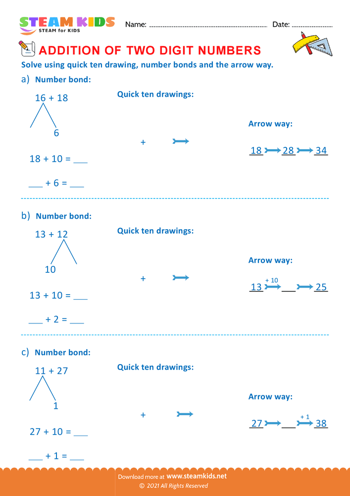 Free Math Worksheet - Addition of two digit numbers - Worksheet 35