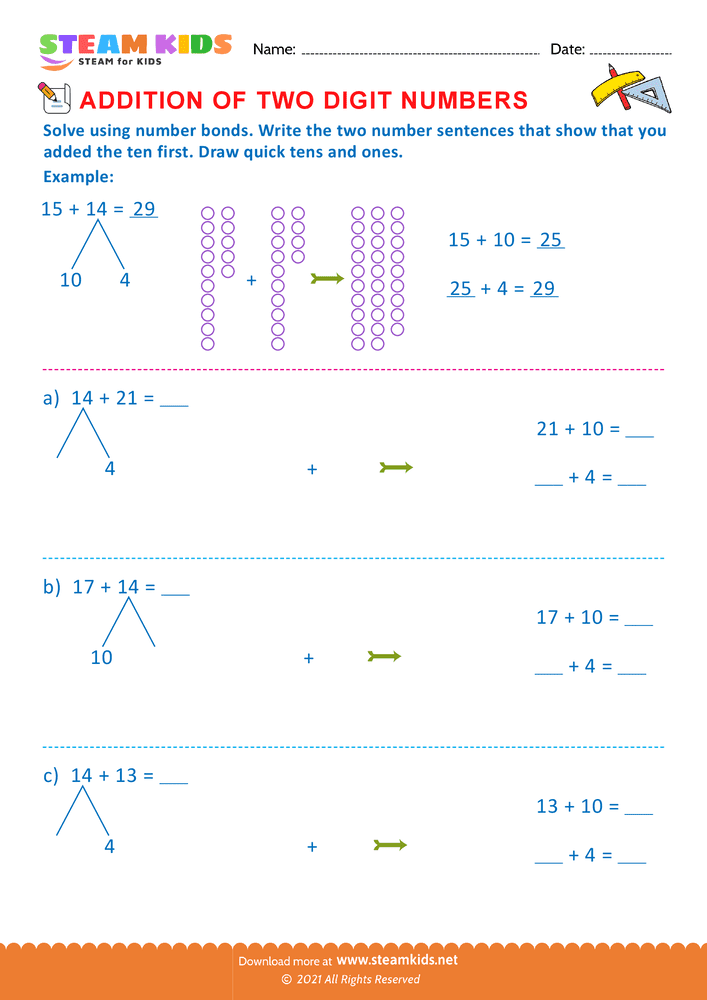 Free Math Worksheet - Addition of two digit numbers - Worksheet 36