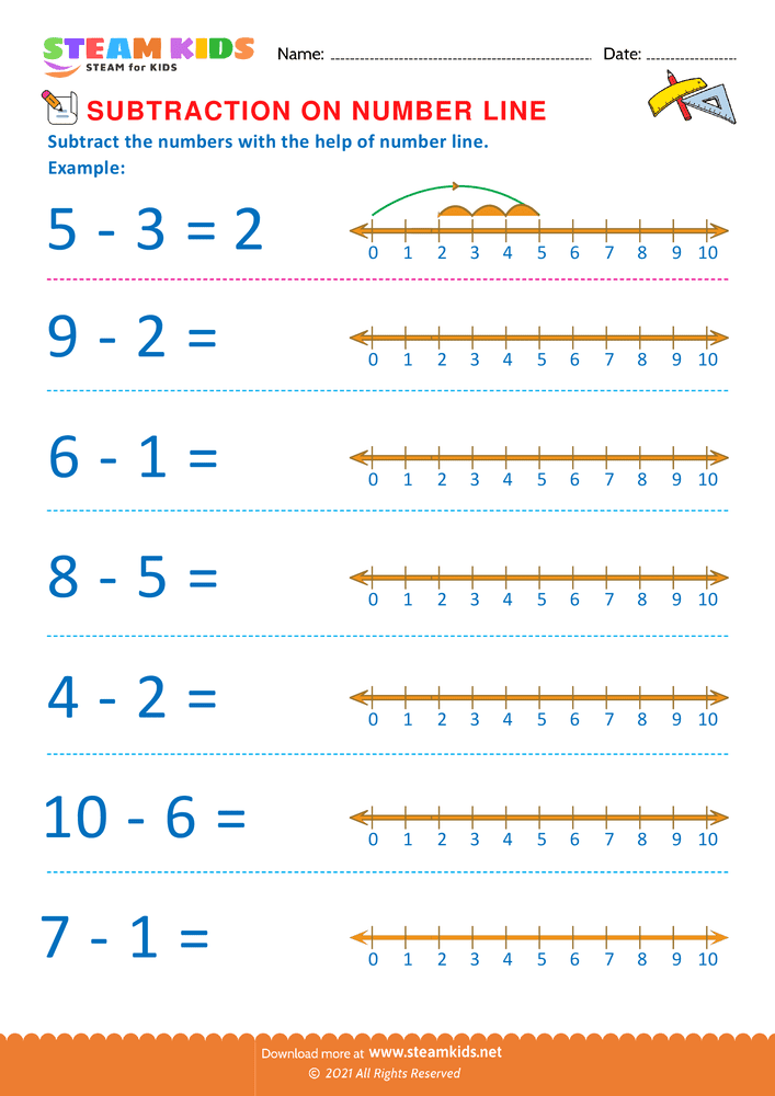 Free Math Worksheet - Subtraction on number line - Worksheet 1