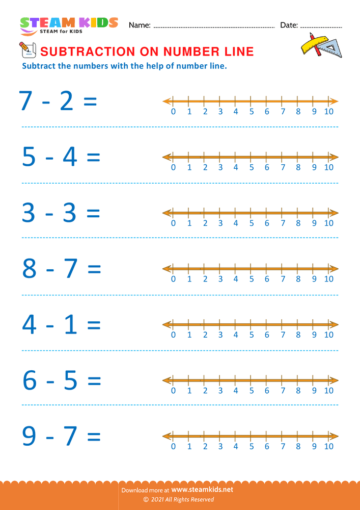 Free Math Worksheet - Subtraction on number line - Worksheet 2