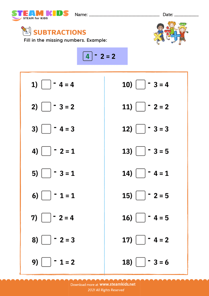Free Math Worksheet - Fill the missing number - Worksheet 1