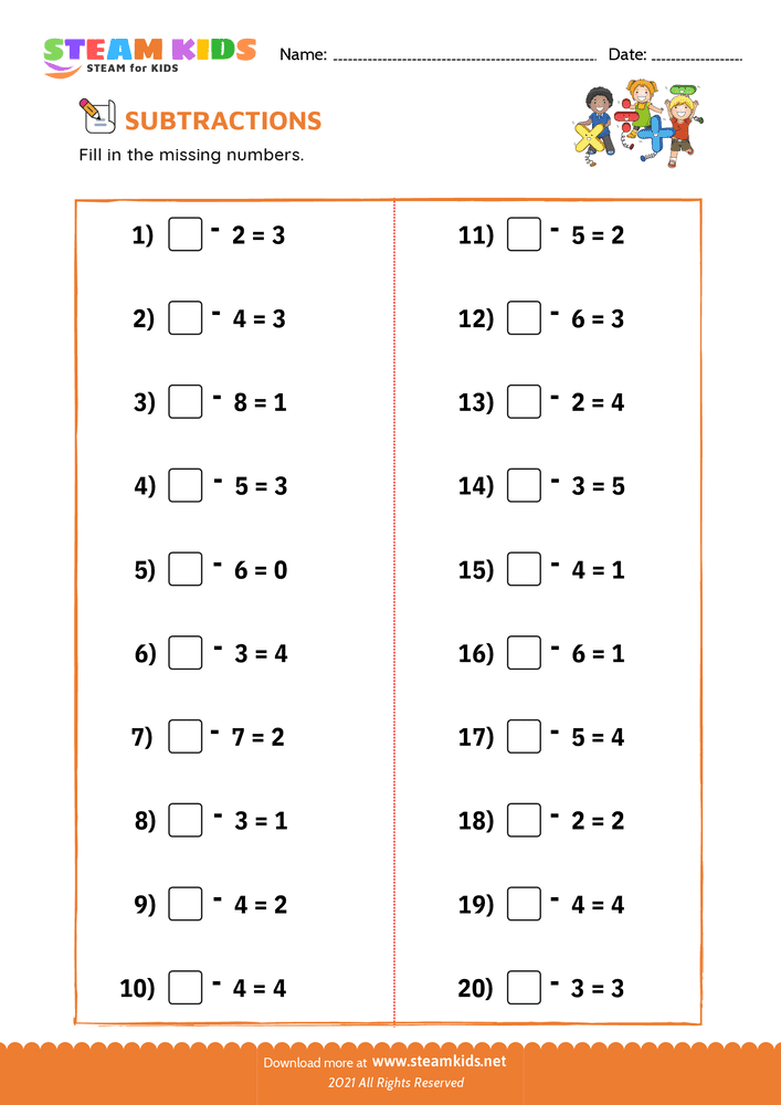 Free Math Worksheet - Fill the missing number - Worksheet 2