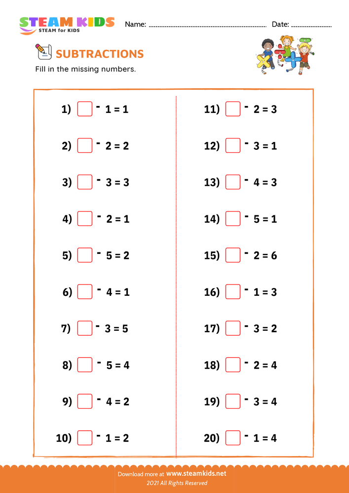 Free Math Worksheet - Fill the missing number - Worksheet 6