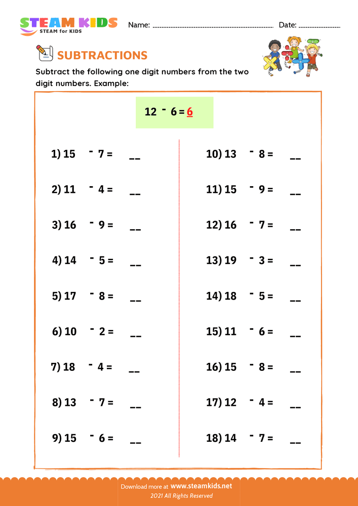 Free Math Worksheet - Subtraction sentences - Worksheet 1