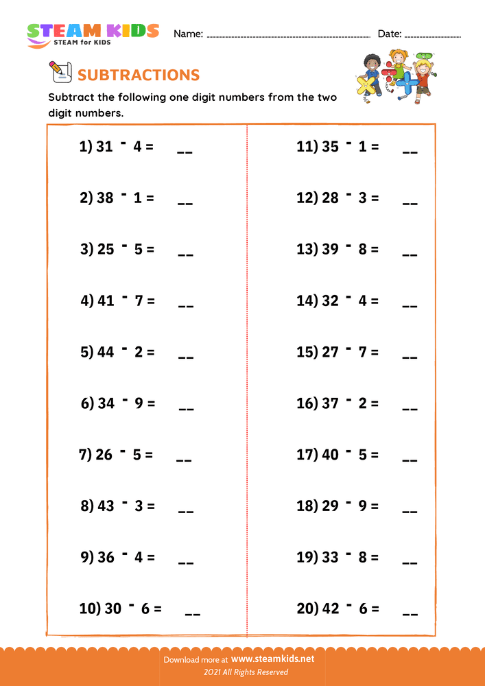 Free Math Worksheet - Subtraction sentences - Worksheet 7