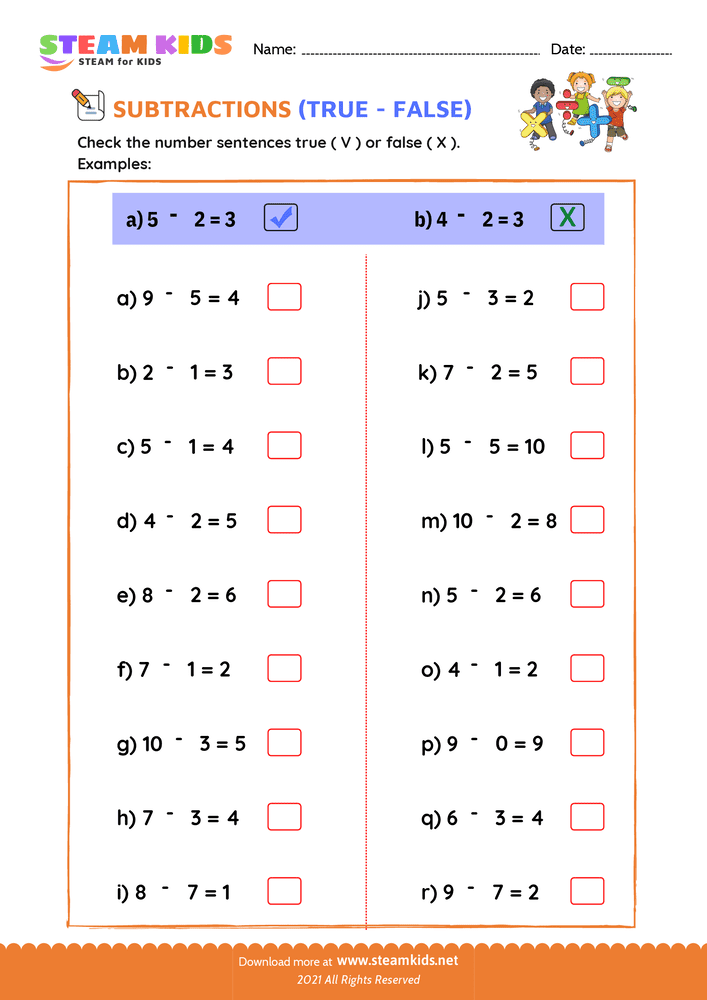 Free Math Worksheet - Check true or false - Worksheet 1