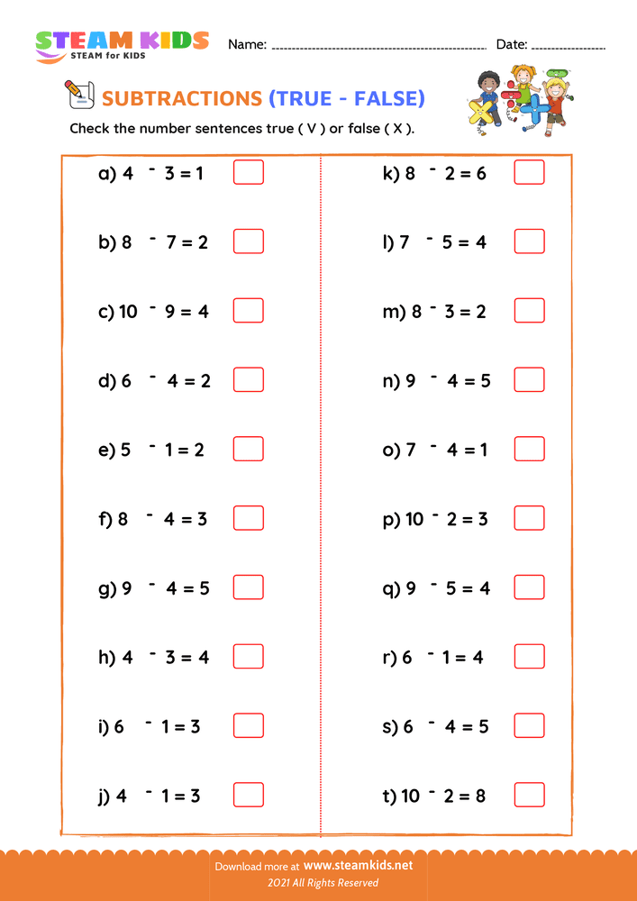 Free Math Worksheet - Check true or false - Worksheet 3