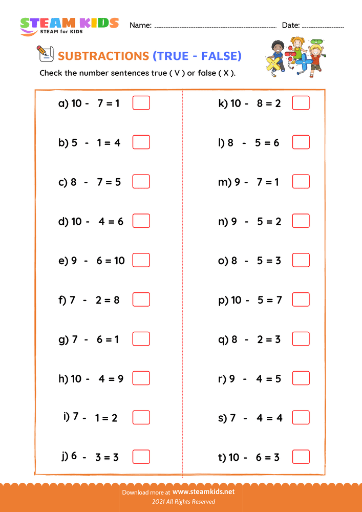 Free Math Worksheet - Check true or false - Worksheet 4