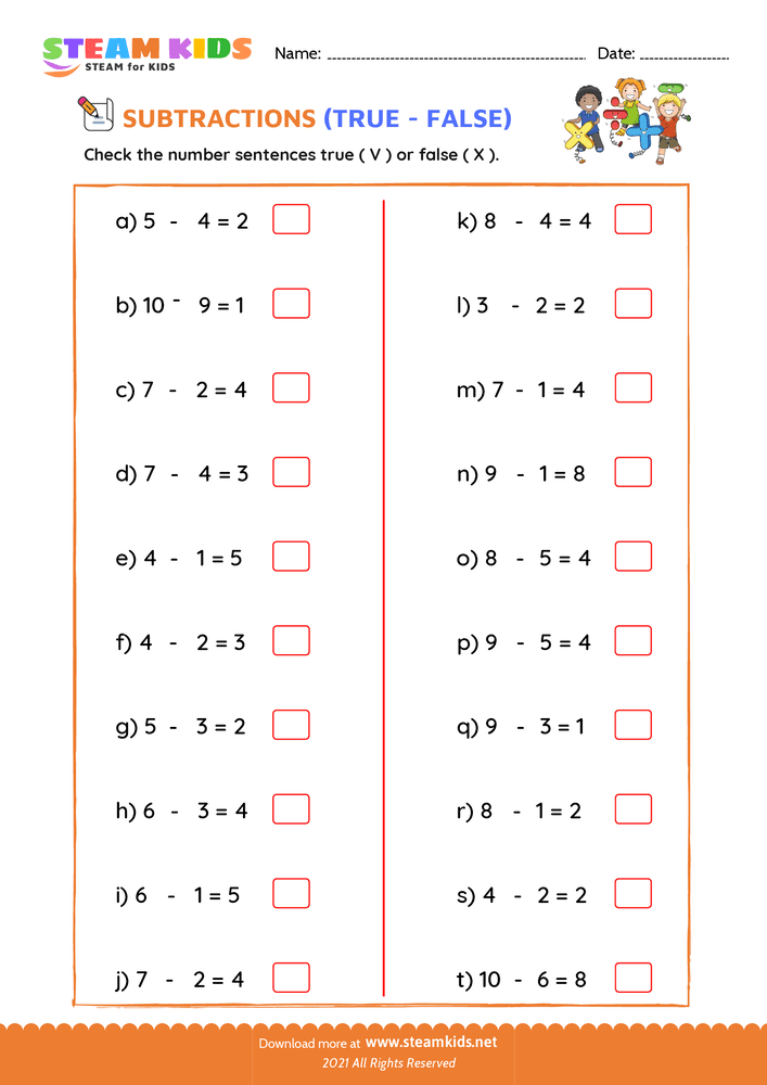 Free Math Worksheet - Check true or false - Worksheet 6