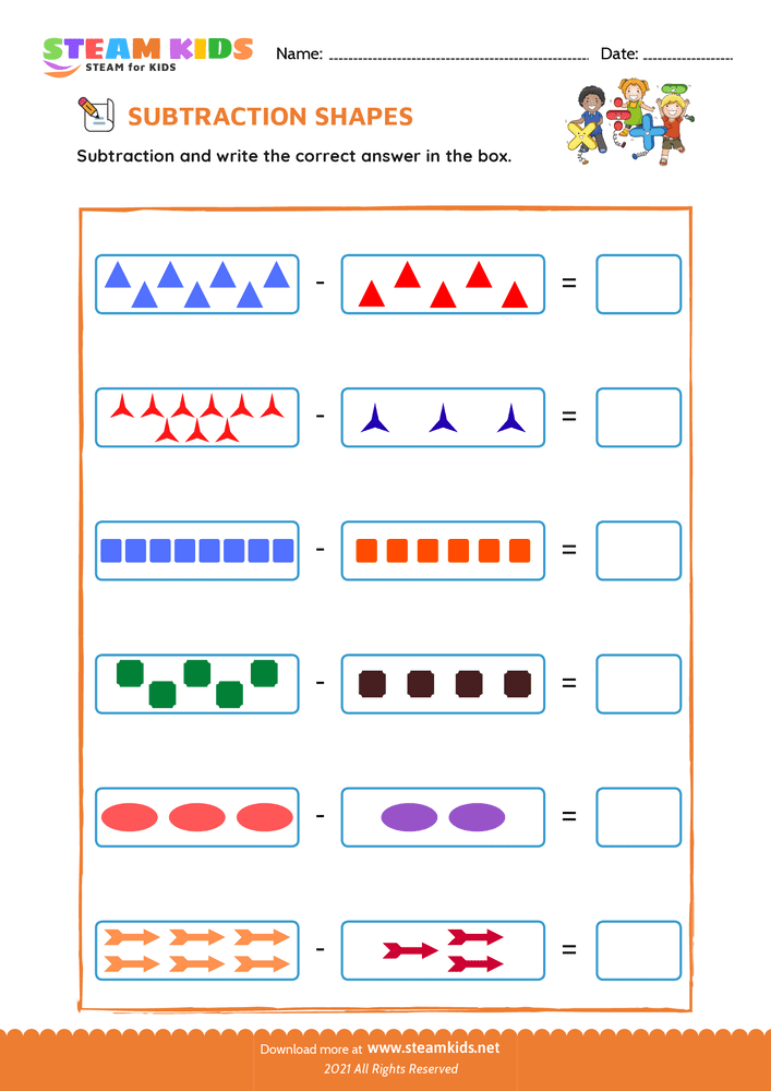 Free Math Worksheet - Subtraction with shapes - Worksheet 1