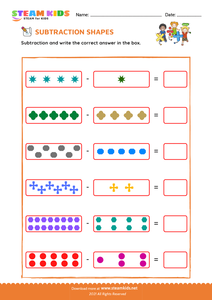 Free Math Worksheet - Subtraction with shapes - Worksheet 2