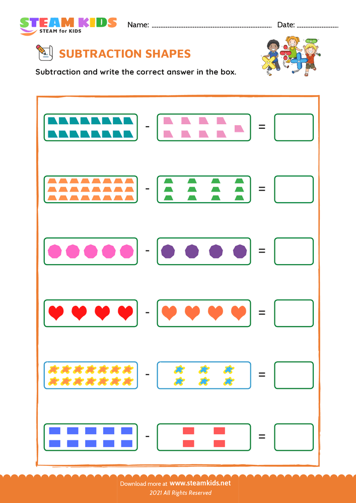 Free Math Worksheet - Subtraction with shapes - Worksheet 3