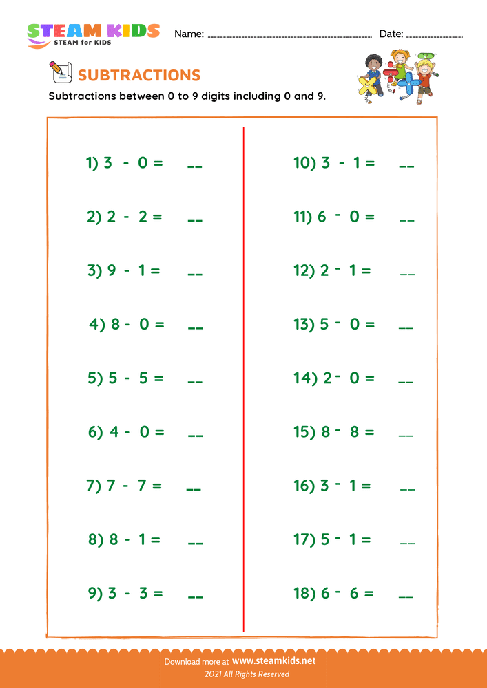 Free Math Worksheet - Subtraction facts - Worksheet 1