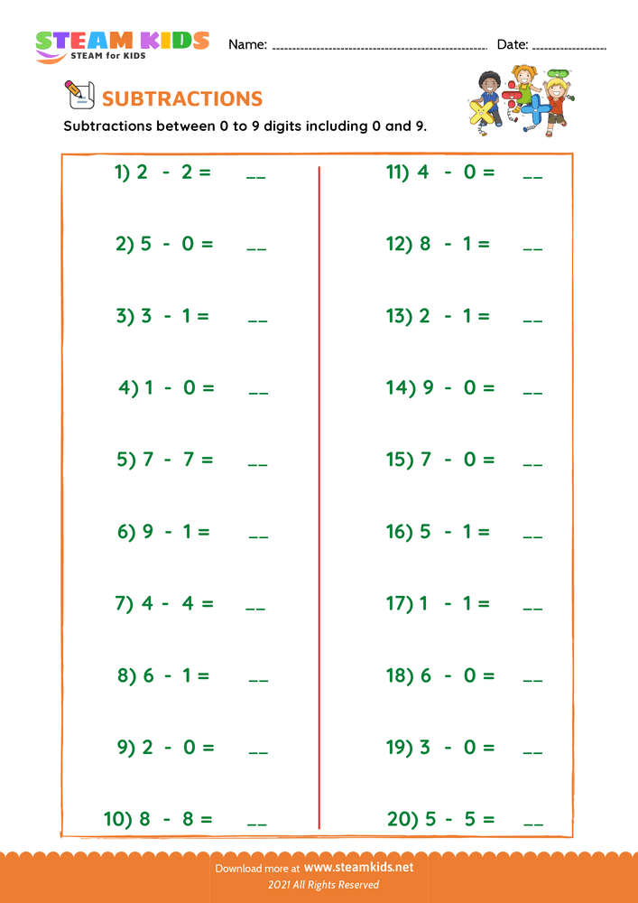 Free Math Worksheet - Subtraction facts - Worksheet 2
