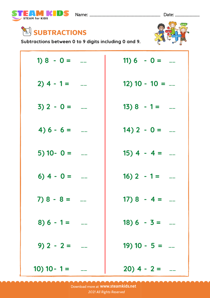 Free Math Worksheet - Subtraction facts - Worksheet 4