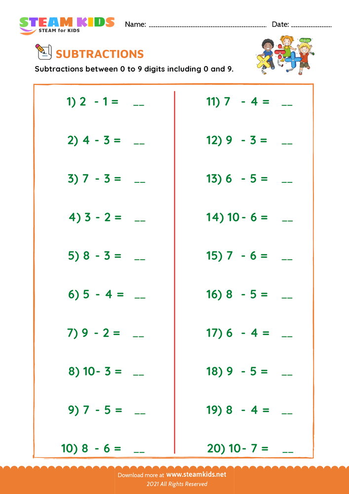Free Math Worksheet - Subtraction facts - Worksheet 5