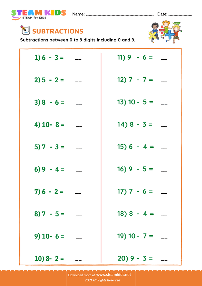 Free Math Worksheet - Subtraction facts - Worksheet 6