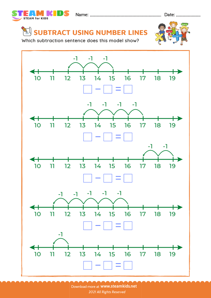 Free Math Worksheet - Subtract using number lines - Worksheet 1