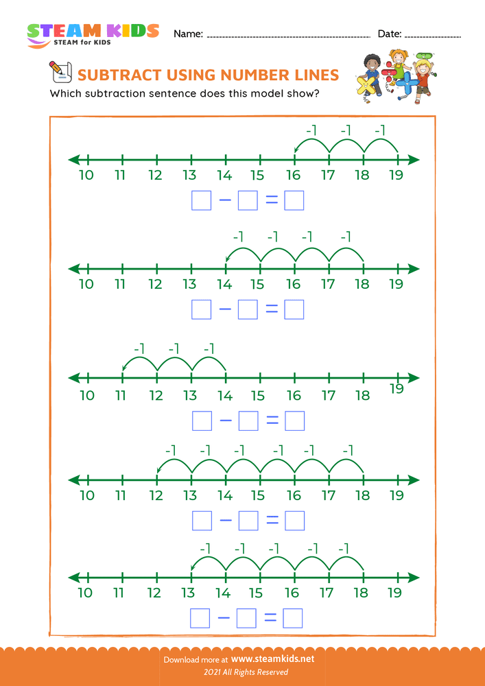 Free Math Worksheet - Subtract using number lines - Worksheet 2